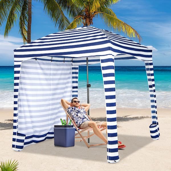 Costway 6 ft. x 6 ft. Blue Plus White Foldable Beach Cabana Tent .