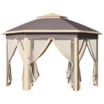 Outsunny 13 ft. x 11 ft. Pop Up Beige Gazebo, Double Roof Canopy .