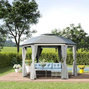 Outsunny 12 ft. x 12 ft. Grey Hexagon Patio Gazebo Canopy with Net .