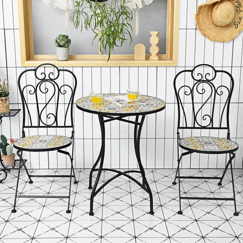 Costway 3pcs Patio Bistro Set Mosaic Design Folding Chairs Round .