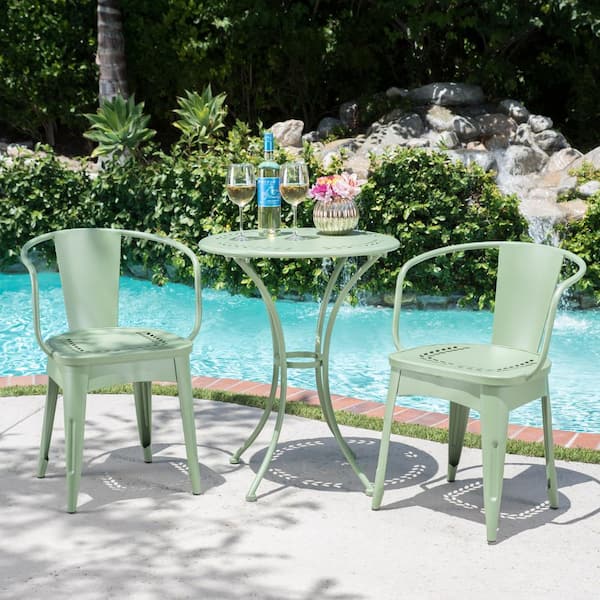 Noble House Lourdes Matte Green 3-Piece Metal Outdoor Bistro Set .