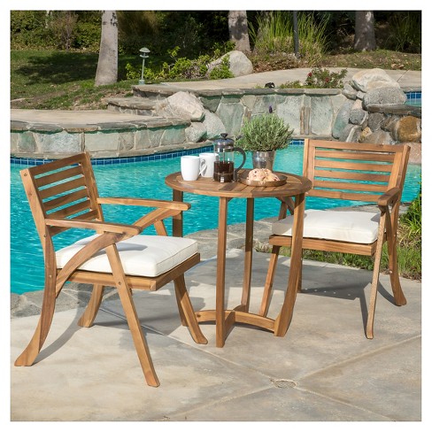 Coronado 3pc Acacia Wood Patio Bistro Set With Cushions - Teak .