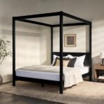 Welwick Designs Minimalist Black Wood Frame Queen Plank Canopy Bed .