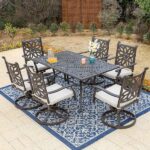 PHI VILLA Brown 7-Piece Cast Aluminum Patio Outdoor Dining Set .