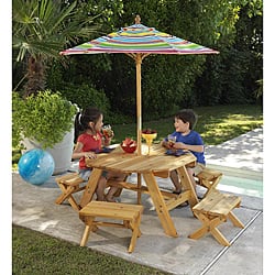 Octagon Table & 4 Benches with Multi-striped Umbrella Children's .