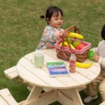 Gardenised 44.75 in. Natural Round Wooden Kids Picnic Table Bench .