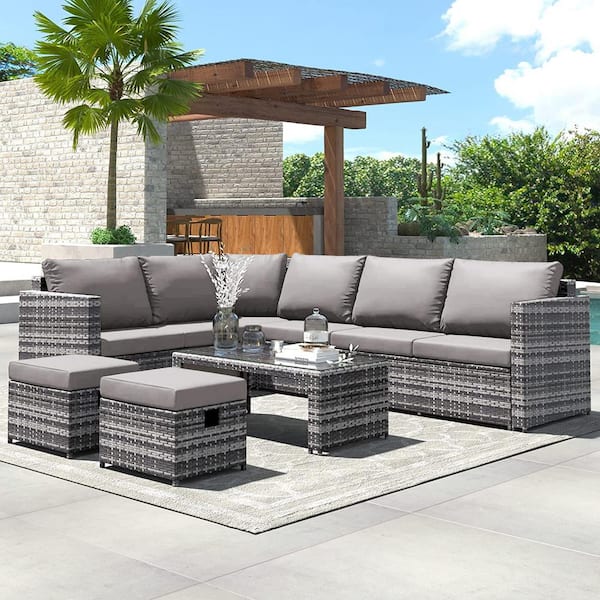 Anvil 7-Piece Outdoor PE Rattan Wicke Patio Conversation Set .