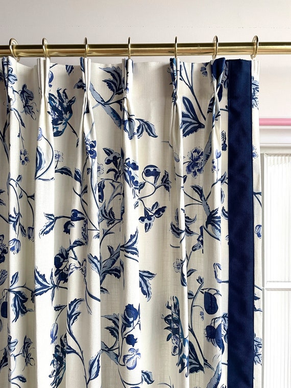 Blue Floral Cotton Blend Curtain Panels, Beautiful Custom Curtains .