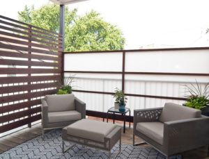 A wood panel and frosted glass privacy screen. | Balcony decor .