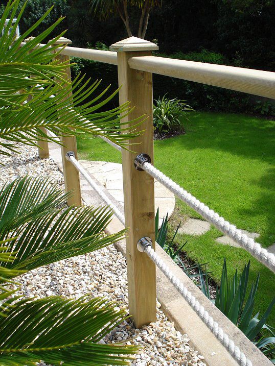 Post & rope decking boarder | Deck garden, Garden railings, Garden .