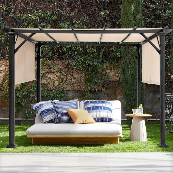 JOYSIDE 10 ft. x 10 ft. Steel Patio Pergola with Beige Shade .