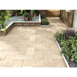 Marshalls Indian Sandstone Riven Buff Multi Paving Slab 600 x 300 .