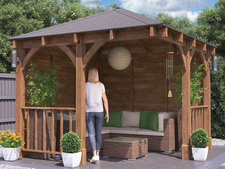 Corner Gazebo Garden Shelter Canopy Wooden Roof Shingles 3m x 3m .