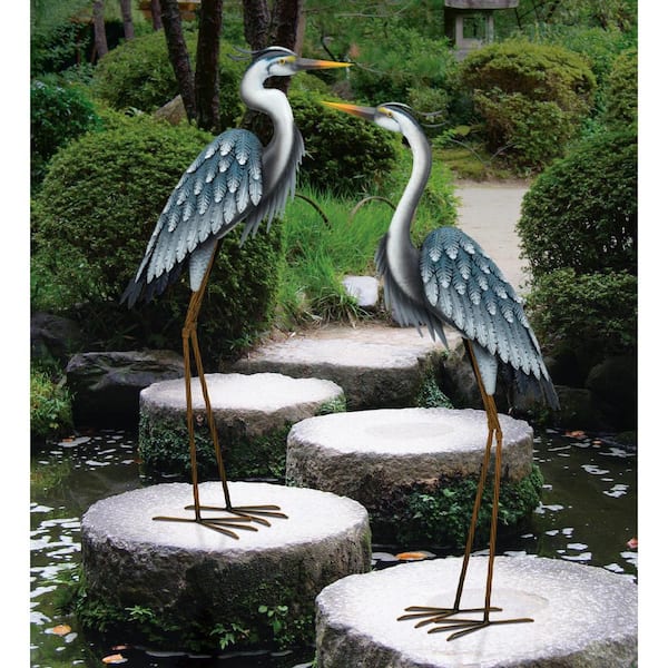 Regal Large Blue Heron Metal Garden Statuary - Looking Down 11781 .