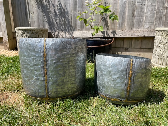 Set or 1 Galvanised Zinc Gold Stripe Metal Pots Planters hanging .