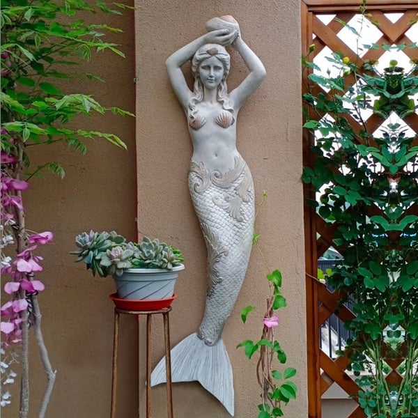 40" Large Outdoor Mermaid Wall Decor Gray Resin Garden Wall .