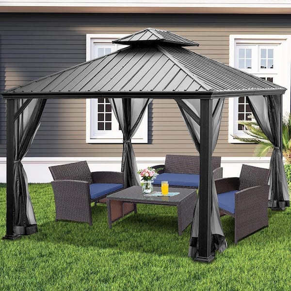 Costway 10 ft. x 12 ft. Grey Hardtop Gazebo 2-Tier Outdoor .