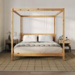 Welwick Designs Minimalist Beige Wood Frame King Plank Canopy Bed .