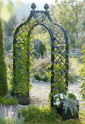 Freestanding metal rose arches with planters, ideal for rooftop .