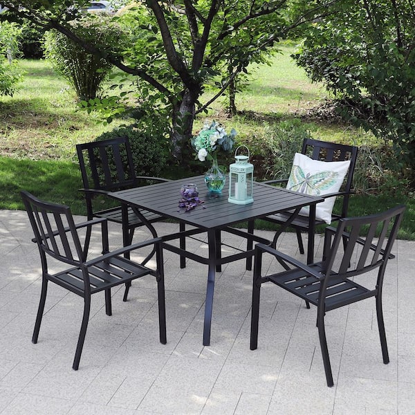 PHI VILLA Black 5-Piece Metal Outdoor Patio Dining Set with Slat .