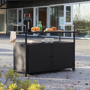 BTMWAY Black Portable Wicker Outdoor Bar Cart with Wheels, Rolling .