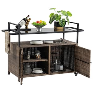 Outdoor Wicker Bar Cart Patio Wine Serving Cart with Wheels .