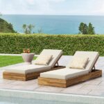 Noble House Ian Teak Brown 2-Piece Wood Outdoor Chaise Lounge with .