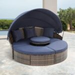 Harper & Bright Designs Black Wicker Outdoor Day Bed with Navy .