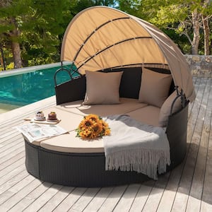 Tozey Chillrest Black Rattan Wicker Outdoor Patio Round Daybed .