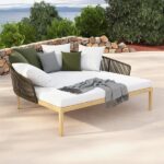 Modern Style Rattan Outdoor Daybed with Cushion Pillow in White .