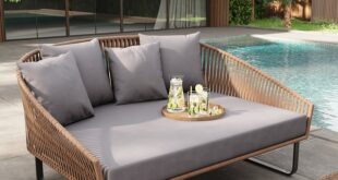 63" Rattan Outdoor Daybed with Gray Cushion Pillow Aluminum Frame .