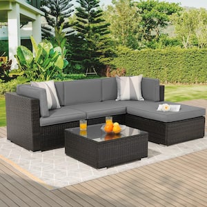 Sonkuki 5-Piece Brown Rattan Wicker Outdoor Patio Sectional Sofa .