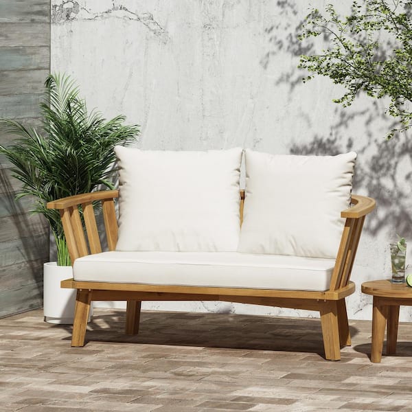 Noble House Solano Teak Brown Wood Outdoor Loveseat with White .