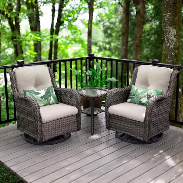 JOYSIDE 3-Piece Wicker Patio Swivel Outdoor Rocking Chair Set with .