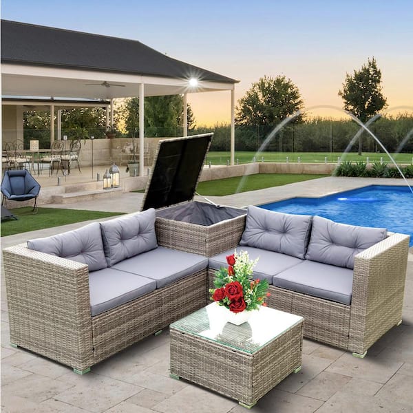 Nestfair 4-Piece Brown Wicker Outdoor Sectional Set with Gray .