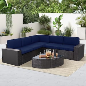 Suncrown Brown 6-Piece Wicker Outdoor Sectional Set with Dark Blue .