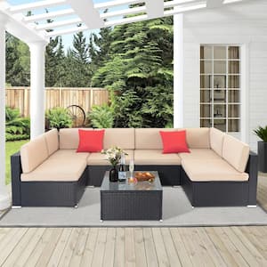 Suncrown Black Brown 7-Piece Wicker Outdoor Sectional Set with .