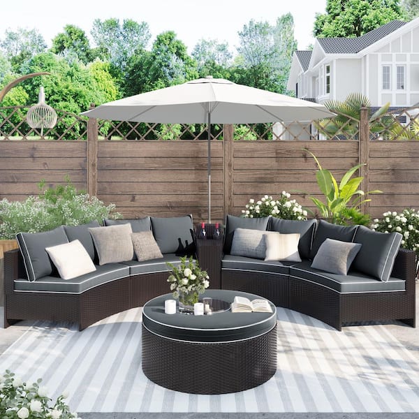 Harper & Bright Designs Half-Moon Brown Wicker Outdoor Sectional .