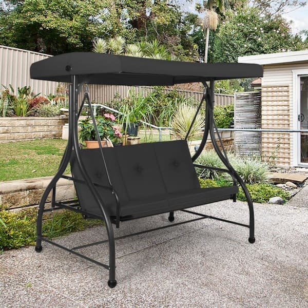 Clihome 3-Person Black Metal Outdoor Patio Swing Hammock Porch .