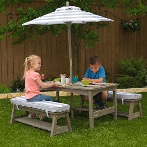 Outdoor Table & Bench Set with Cushions & Umbrella - Gray & White .