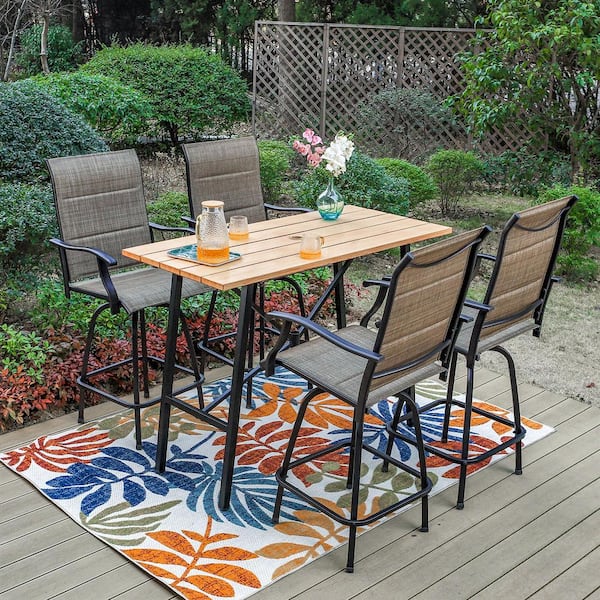 PHI VILLA Black 5-Piece Metal Rectangle Outdoor Patio Bar Set with .