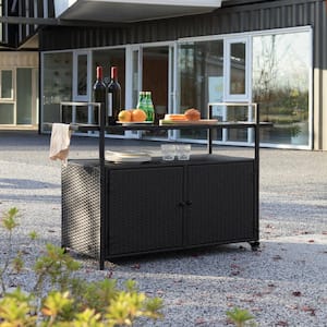 BTMWAY Black Portable Wicker Outdoor Bar Cart with Wheels, Rolling .