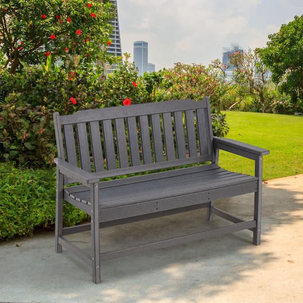 EROMMY Gray Plastic Outdoor Patio Bench, HDPE Garden Bench .