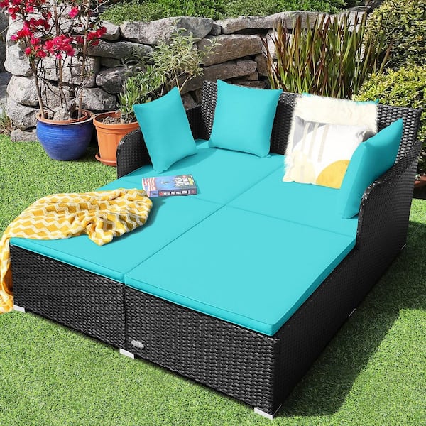 Gymax Wicker Patio Daybed Loveseat Sofa Yard Outdoor with .