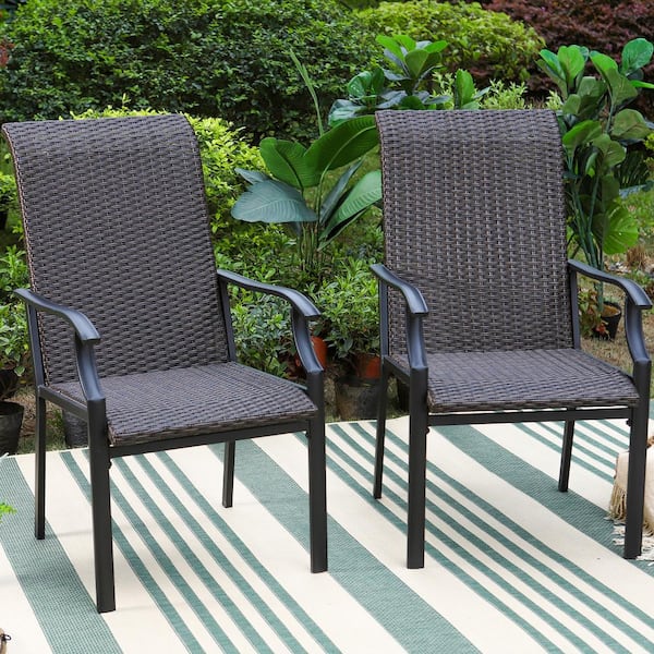 PHI VILLA Rattan Metal Outdoor Dining Chair with Wave Armrest High .