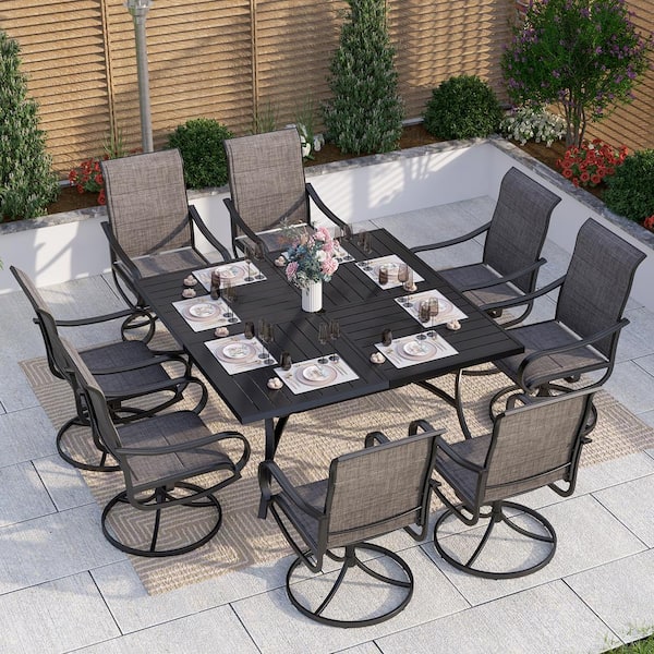 PHI VILLA Black 9-Piece Metal Outdoor Patio Dining Set with Slat .