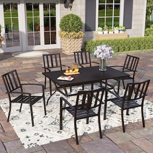 PHI VILLA Black 7-Piece Metal Outdoor Patio Dining Set with Slat .