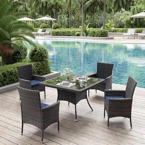 Halmuz 5-Piece Wicker Square Patio Outdoor Dining Set with Glass .