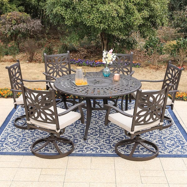 PHI VILLA Brown 7-Piece Cast Aluminum Patio Outdoor Dining Set .