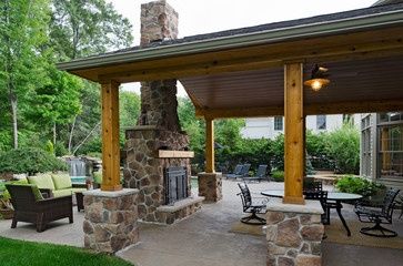 Covered patio with fireplace | Comfy Home | Rustic outdoor .